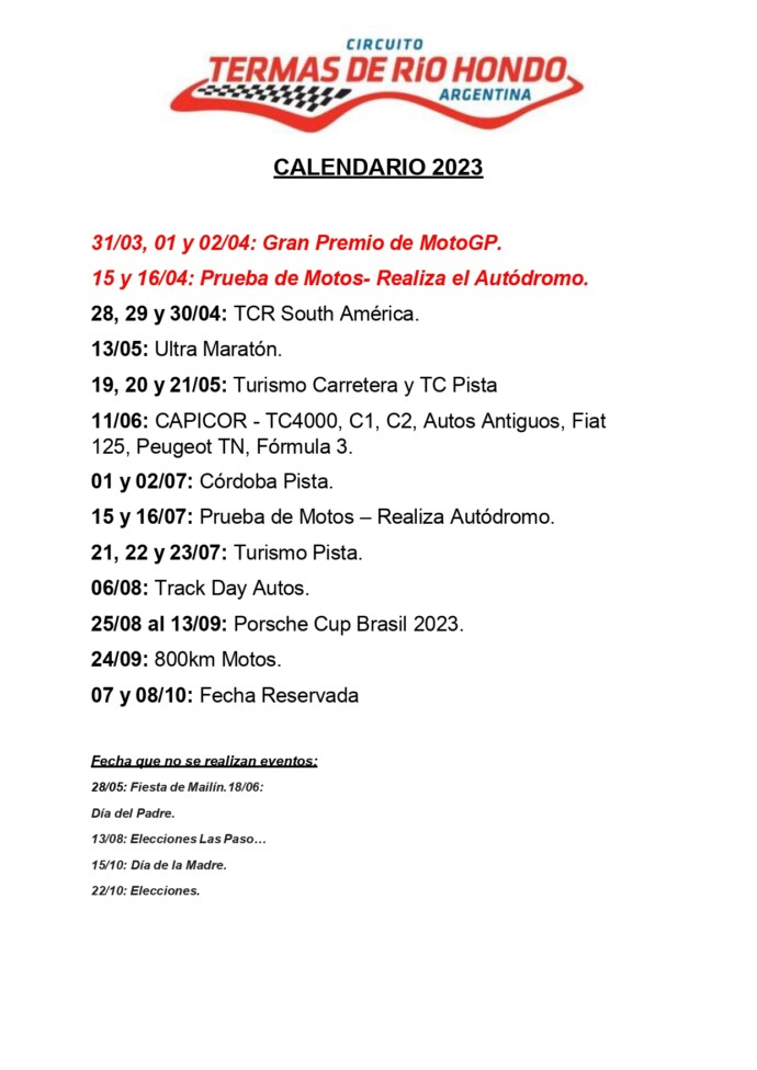 Termas de Río Hondo Calendario